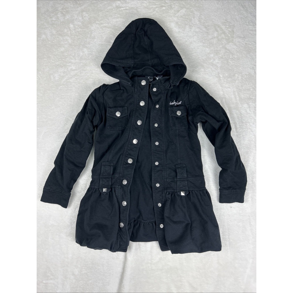 Baby Phat Girls Hooded Button Up Jacket Youth Large Black Logo Rhinestone Y2K